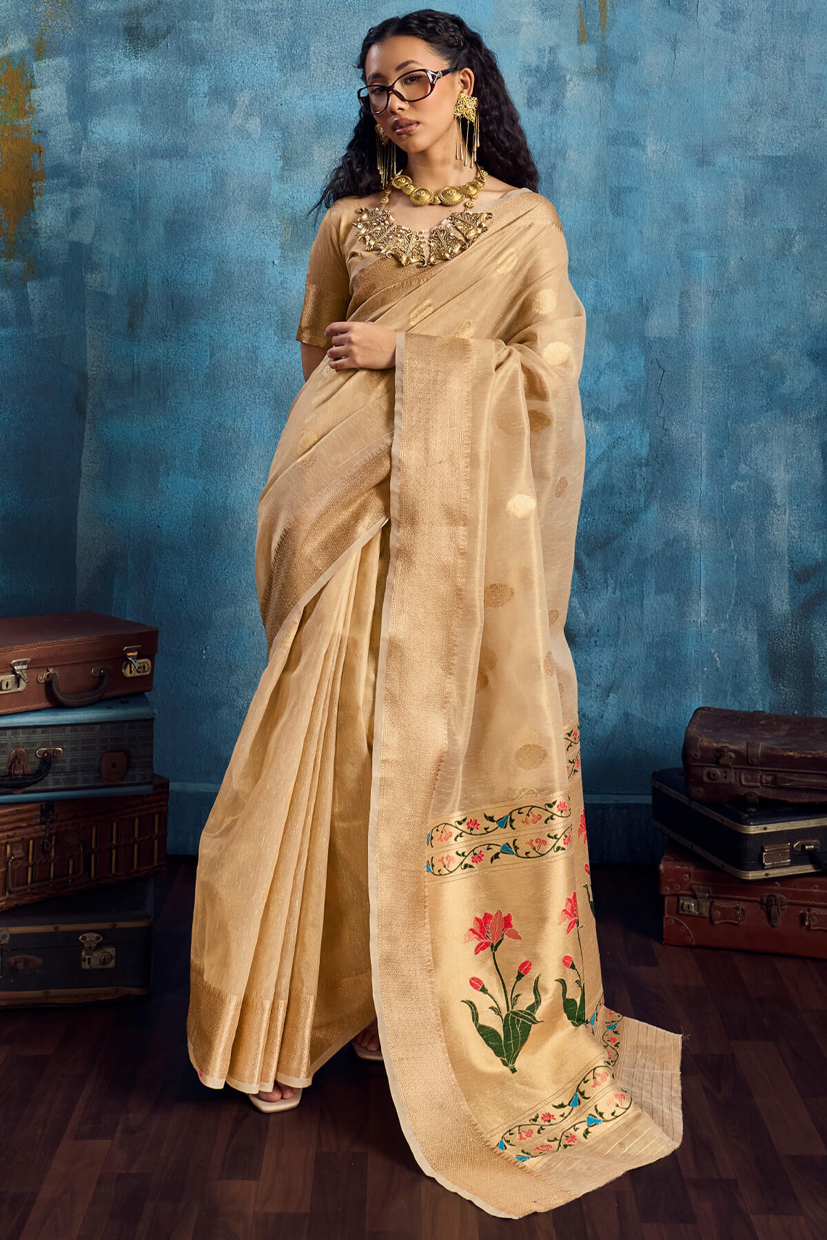 Energetic Dark Beige Paithani Pure Tissue Silk Saree With Impressive Blouse Piece