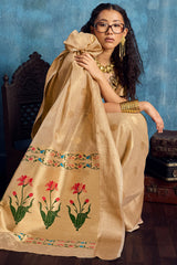 Energetic Dark Beige Paithani Pure Tissue Silk Saree With Impressive Blouse Piece