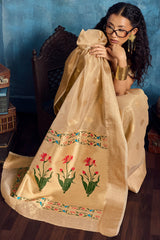 Energetic Dark Beige Paithani Pure Tissue Silk Saree With Impressive Blouse Piece