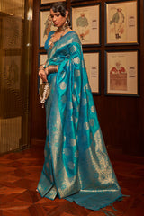 Charming Firozi Kanjivaram Silk Saree With Arresting Blouse Piece