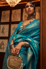 Charming Firozi Kanjivaram Silk Saree With Arresting Blouse Piece