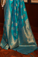 Charming Firozi Kanjivaram Silk Saree With Arresting Blouse Piece