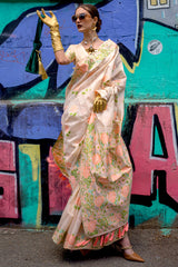 Engaging Beige Parsi Handloom Woven Banarasi Silk Saree With Blouse Piece