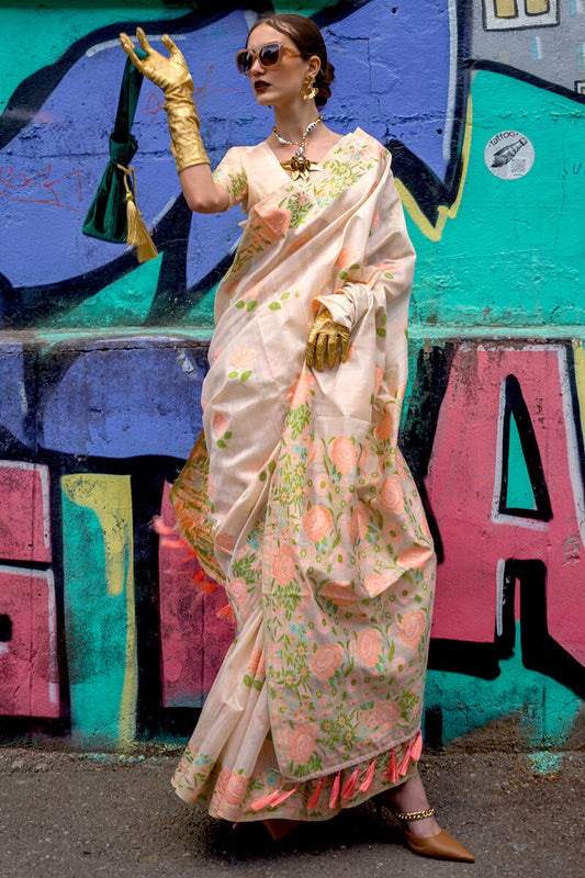 Engaging Beige Parsi Handloom Woven Banarasi Silk Saree With Blouse Piece