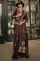 Engrossing Brown Banarasi Satin Silk Saree With Moiety Blouse