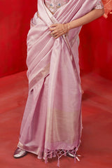 Serendipity Baby Pink Soft Banarasi Tissue Silk Saree With Snappy Blouse Piece