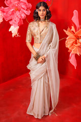 Embrocation Beige Soft Banarasi Tissue Silk Saree With Bucolic Blouse Piece
