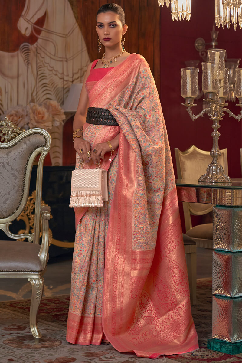 Attractive Beige Pashmina saree With Outstanding Blouse Piece