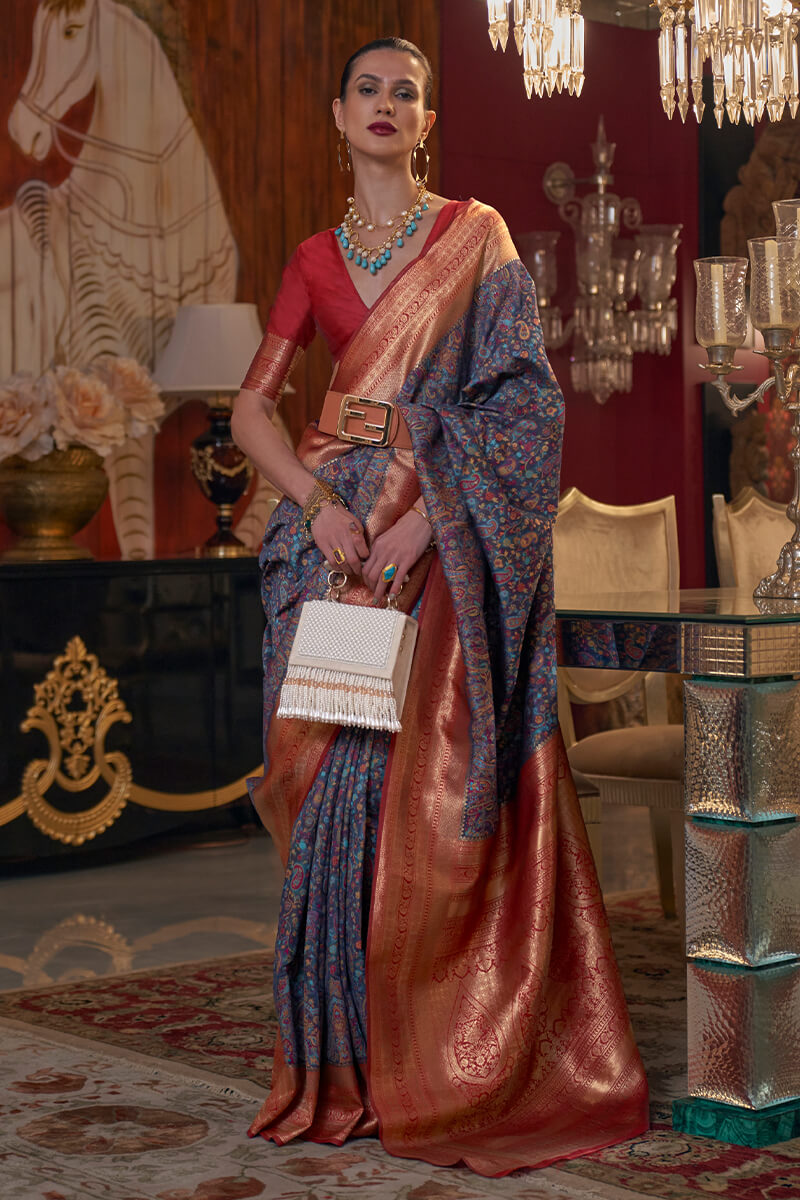 Inspiring Navy Blue Pashmina saree With insanely Blouse Piece