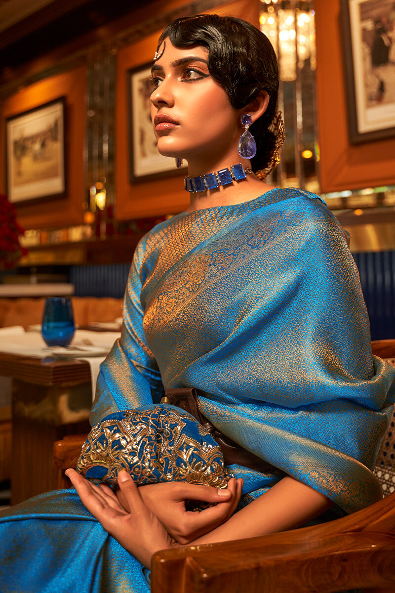 Invaluable Blue Kanjivaram Silk Saree With Impressive Blouse Piece