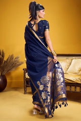 Splendiferous Navy Blue Pure Munga Cotton Silk Saree With Ornate Blouse Piece