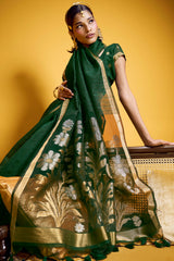 Demesne Dark Green Pure Munga Cotton Silk Saree With Dulcet Blouse Piece