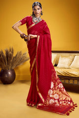 Felicitous Red Pure Munga Cotton Silk Saree With Rhapsody Blouse Piece
