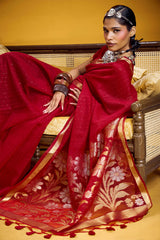 Felicitous Red Pure Munga Cotton Silk Saree With Rhapsody Blouse Piece