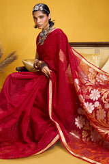 Felicitous Red Pure Munga Cotton Silk Saree With Rhapsody Blouse Piece