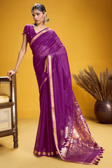 Glowing Purple Pure Munga Cotton Silk Saree With Adorning Blouse Piece