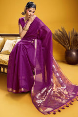 Glowing Purple Pure Munga Cotton Silk Saree With Adorning Blouse Piece