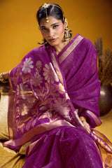 Glowing Purple Pure Munga Cotton Silk Saree With Adorning Blouse Piece