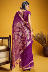 Glowing Purple Pure Munga Cotton Silk Saree With Adorning Blouse Piece