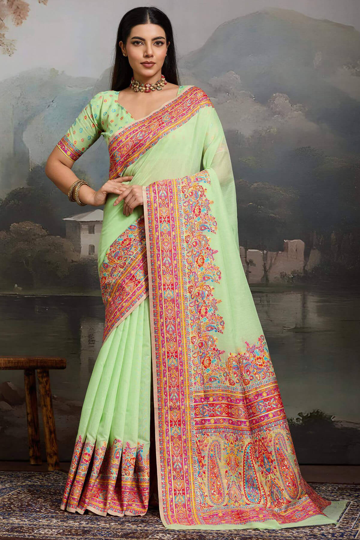 Gorgeous Pista Pashmina saree With Outstanding Blouse Piece