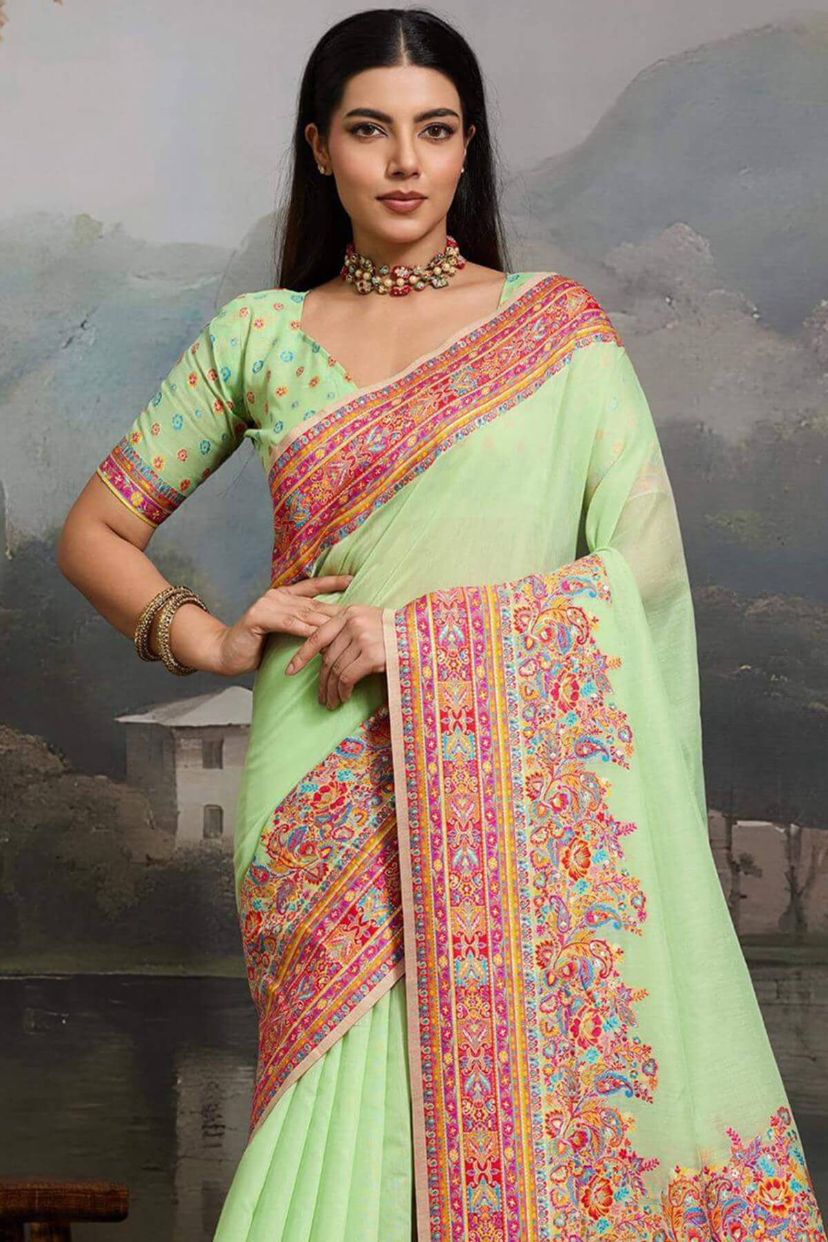Gorgeous Pista Pashmina saree With Outstanding Blouse Piece