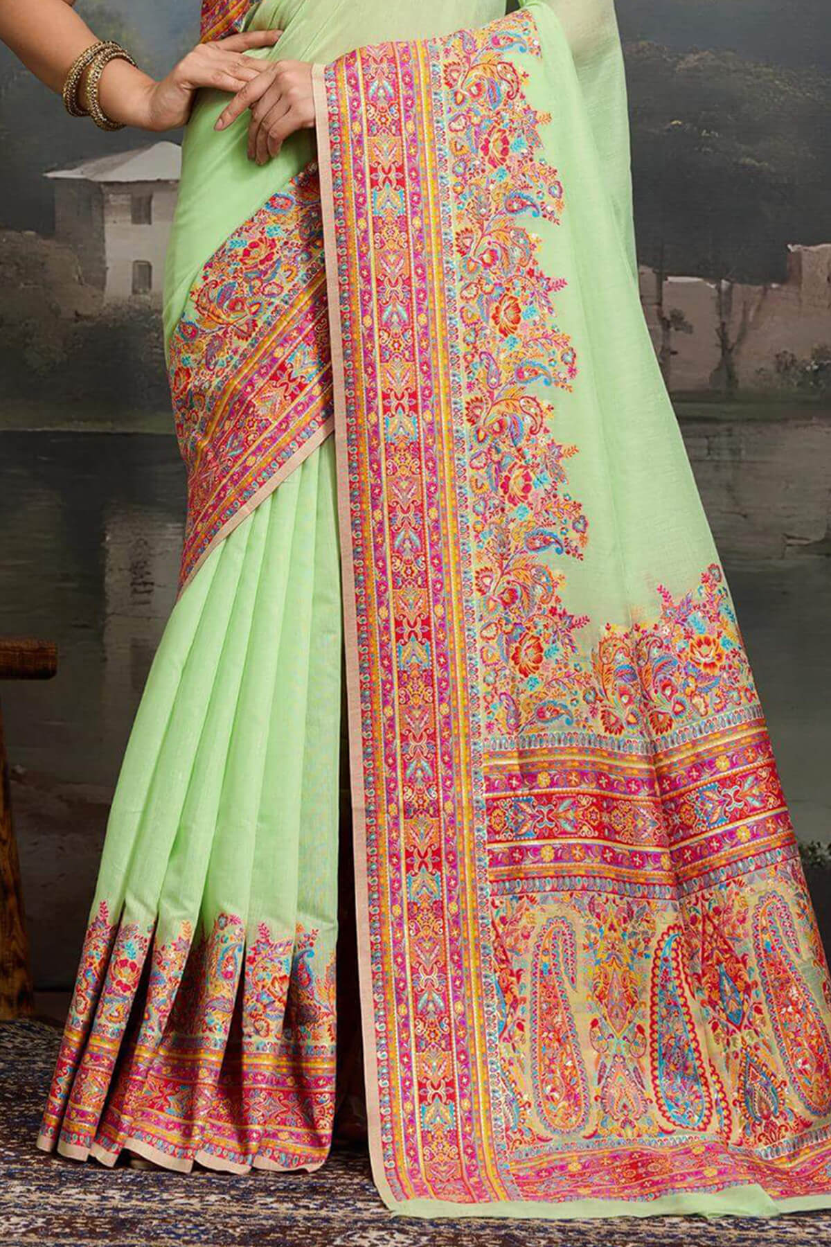 Gorgeous Pista Pashmina saree With Outstanding Blouse Piece