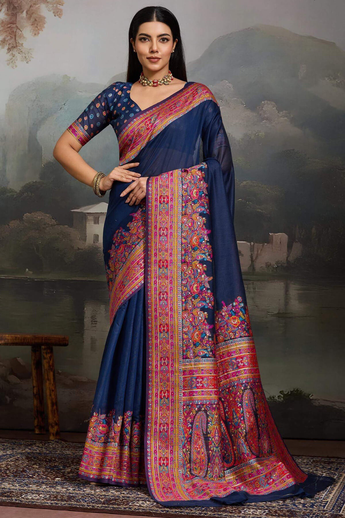 Nectarous Navy Blue Pashmina saree With Transcendent Blouse Piece