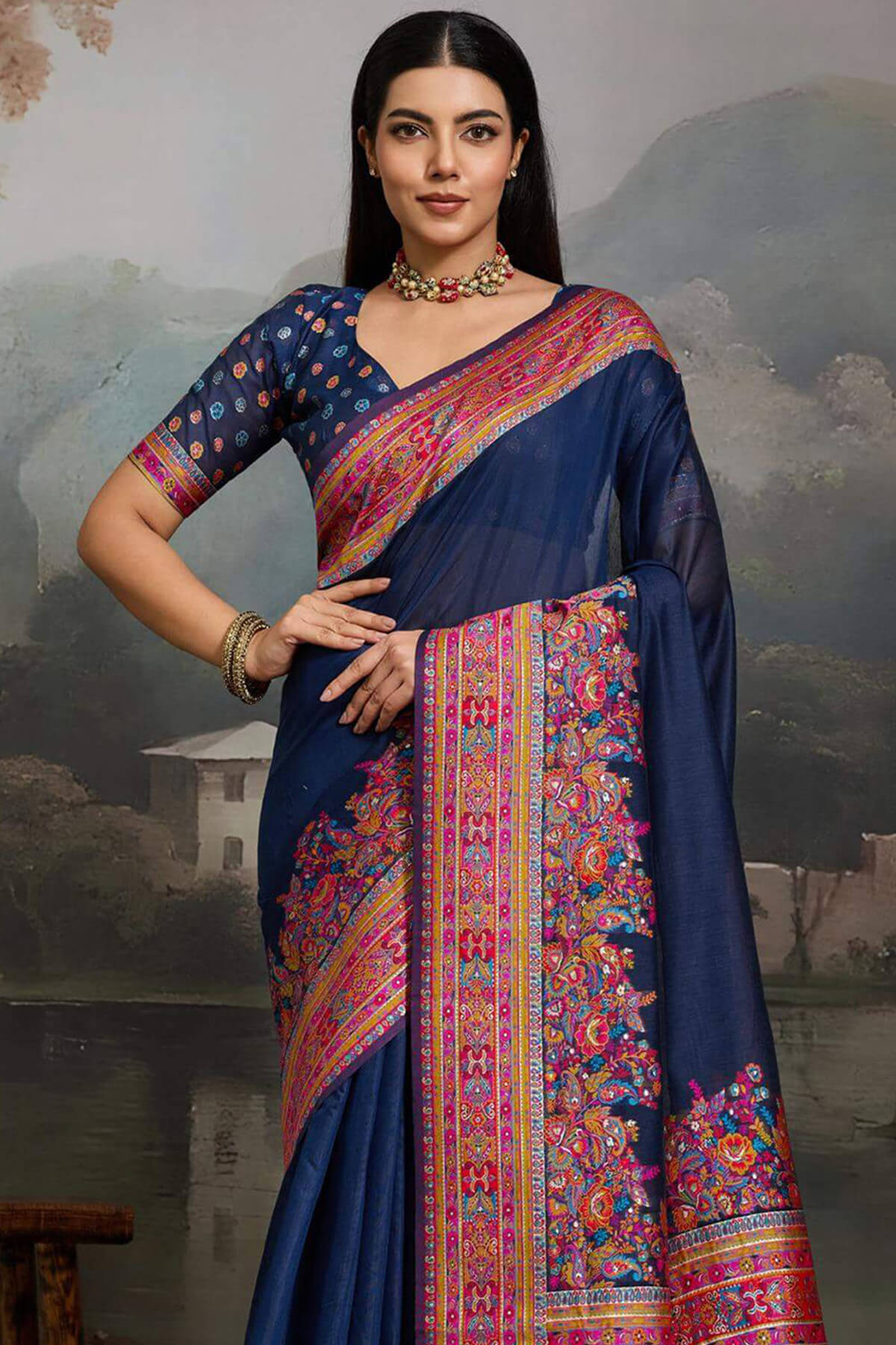 Nectarous Navy Blue Pashmina saree With Transcendent Blouse Piece