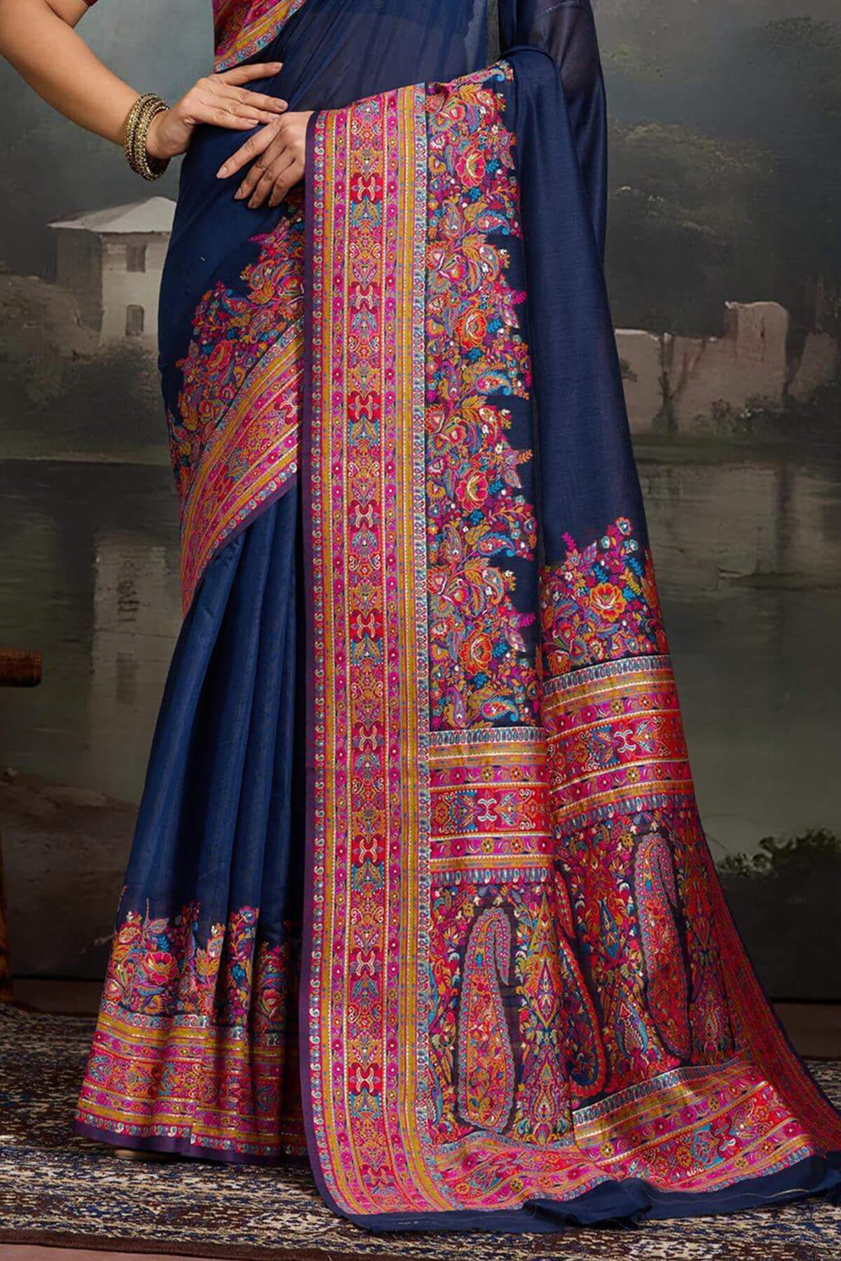 Nectarous Navy Blue Pashmina saree With Transcendent Blouse Piece