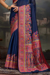 Nectarous Navy Blue Pashmina saree With Transcendent Blouse Piece