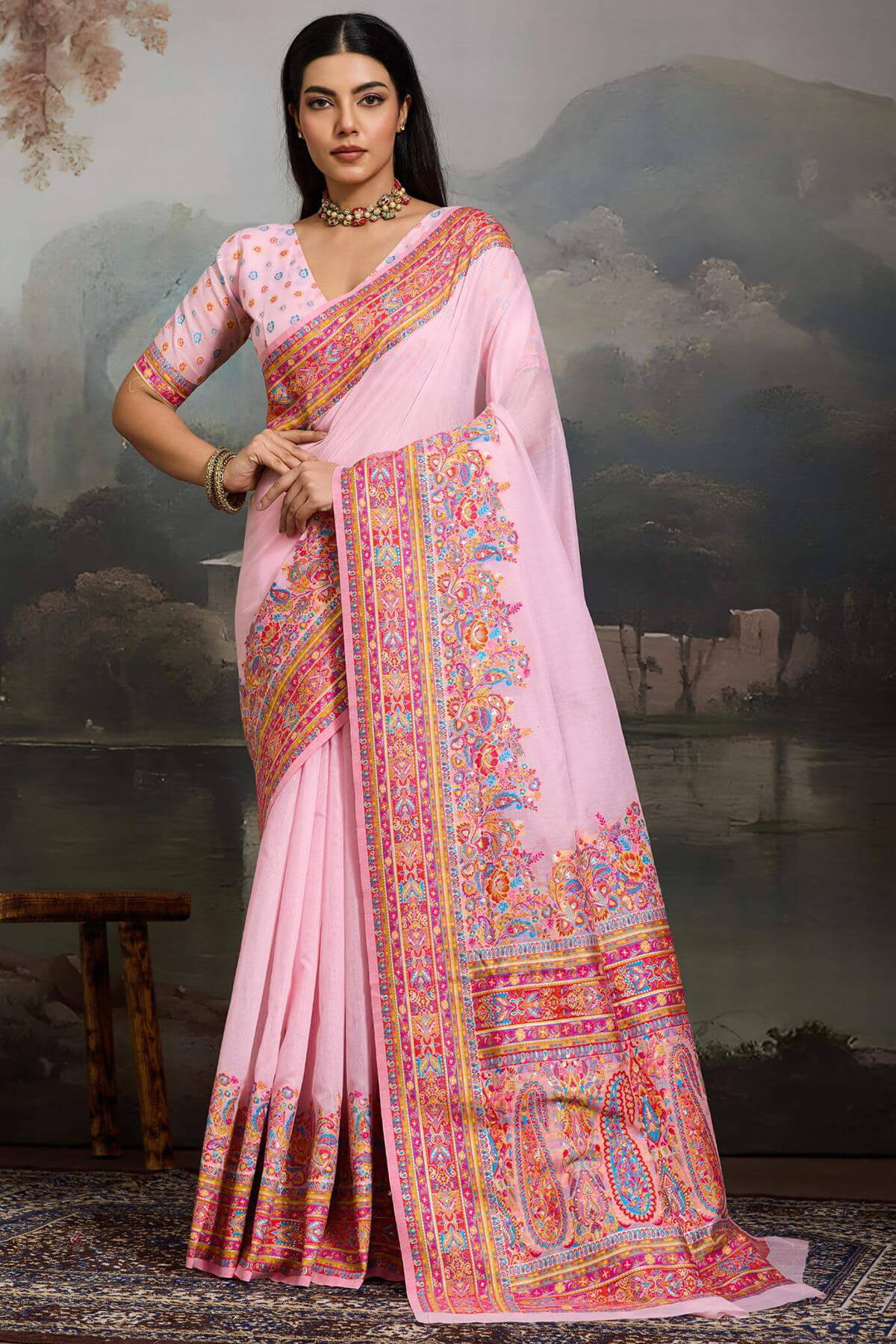Twirling Pink Pashmina saree With Glamorous Blouse Piece