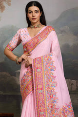 Twirling Pink Pashmina saree With Glamorous Blouse Piece