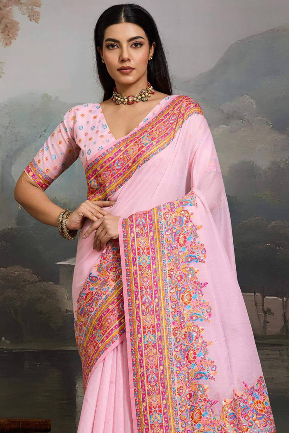 Twirling Pink Pashmina saree With Glamorous Blouse Piece
