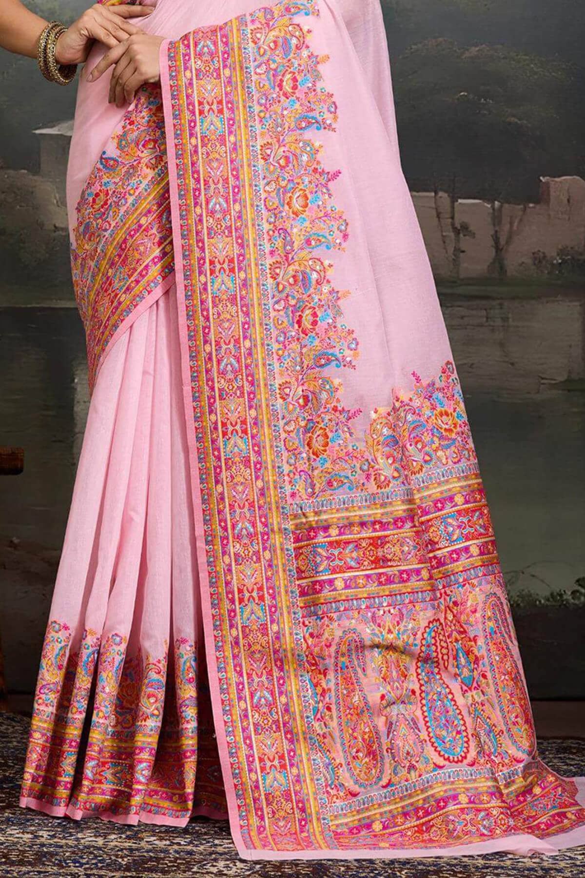 Twirling Pink Pashmina saree With Glamorous Blouse Piece