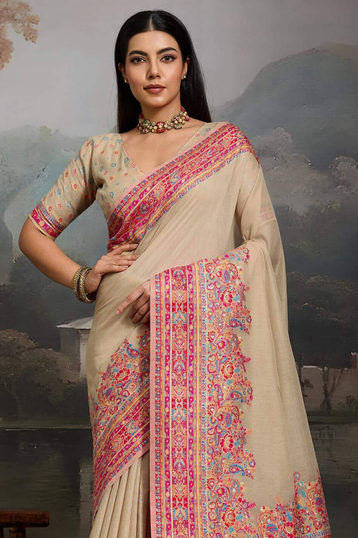 Scrumptious Dark Beige Pashmina saree With Chatoyant Blouse Piece