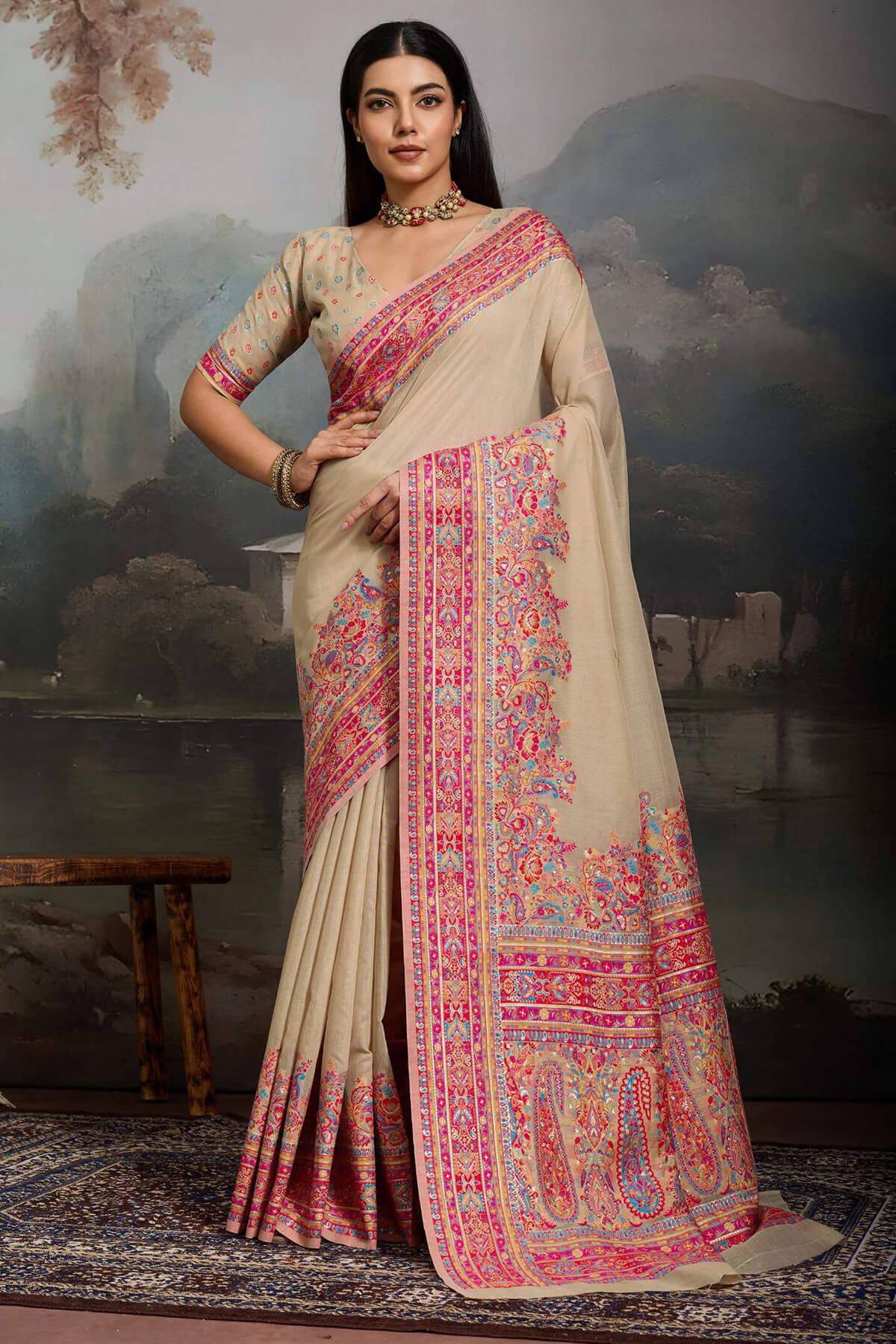 Scrumptious Dark Beige Pashmina saree With Chatoyant Blouse Piece