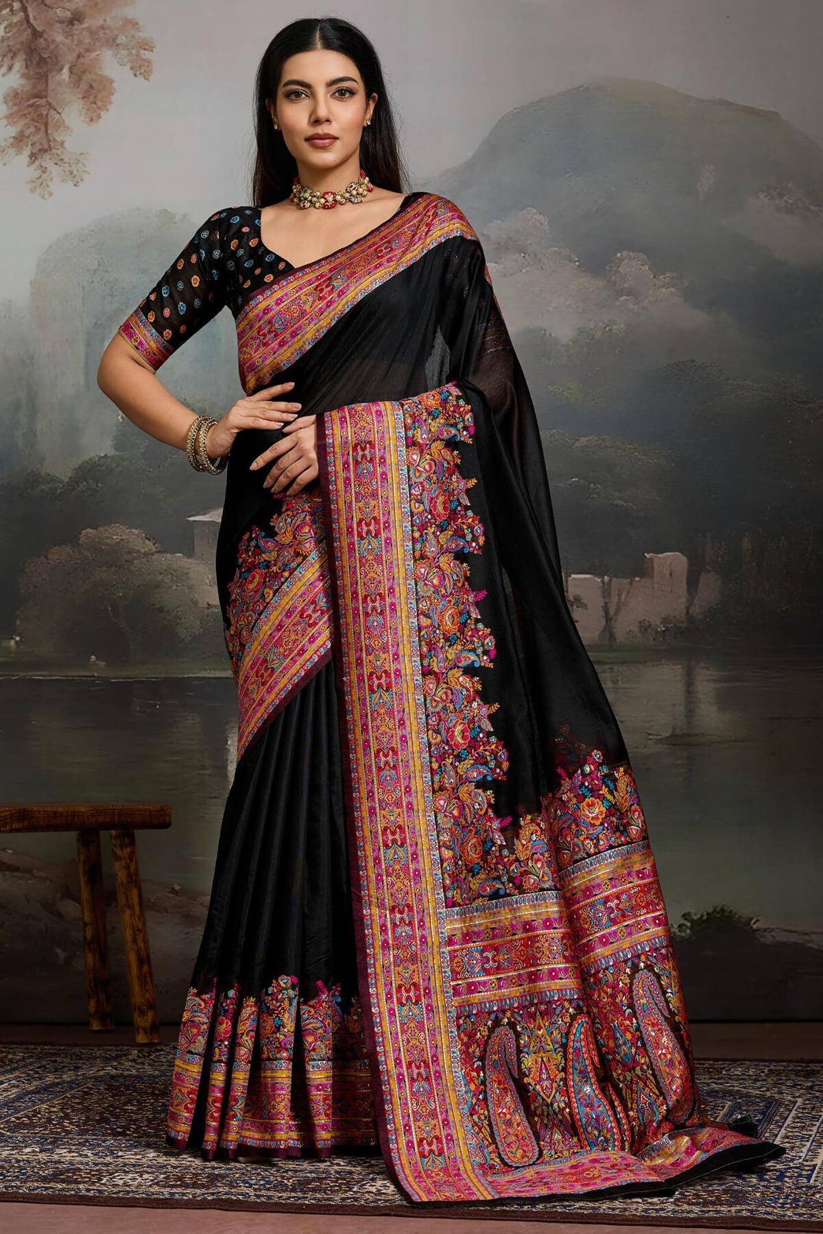 Ratatouille Black Pashmina saree With Prodigal Blouse Piece