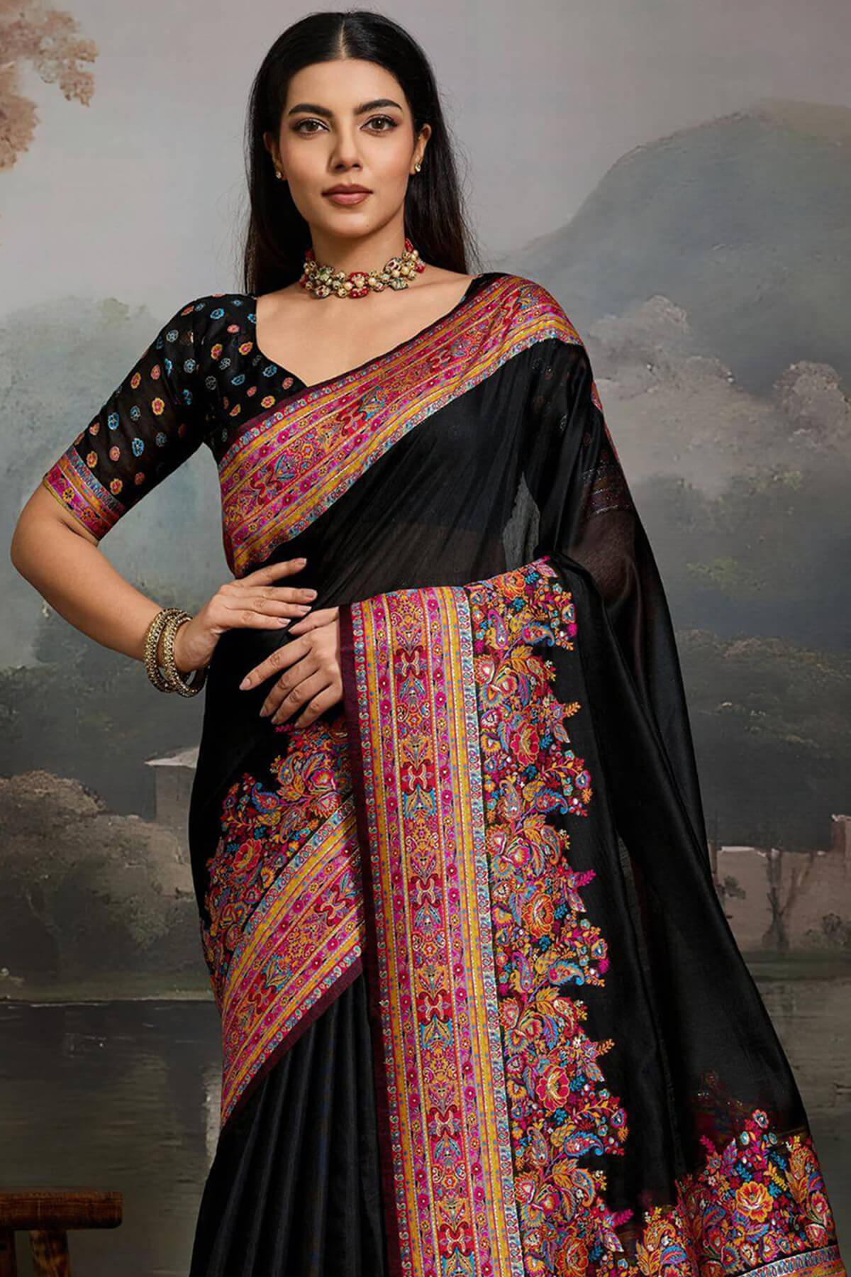 Ratatouille Black Pashmina saree With Prodigal Blouse Piece