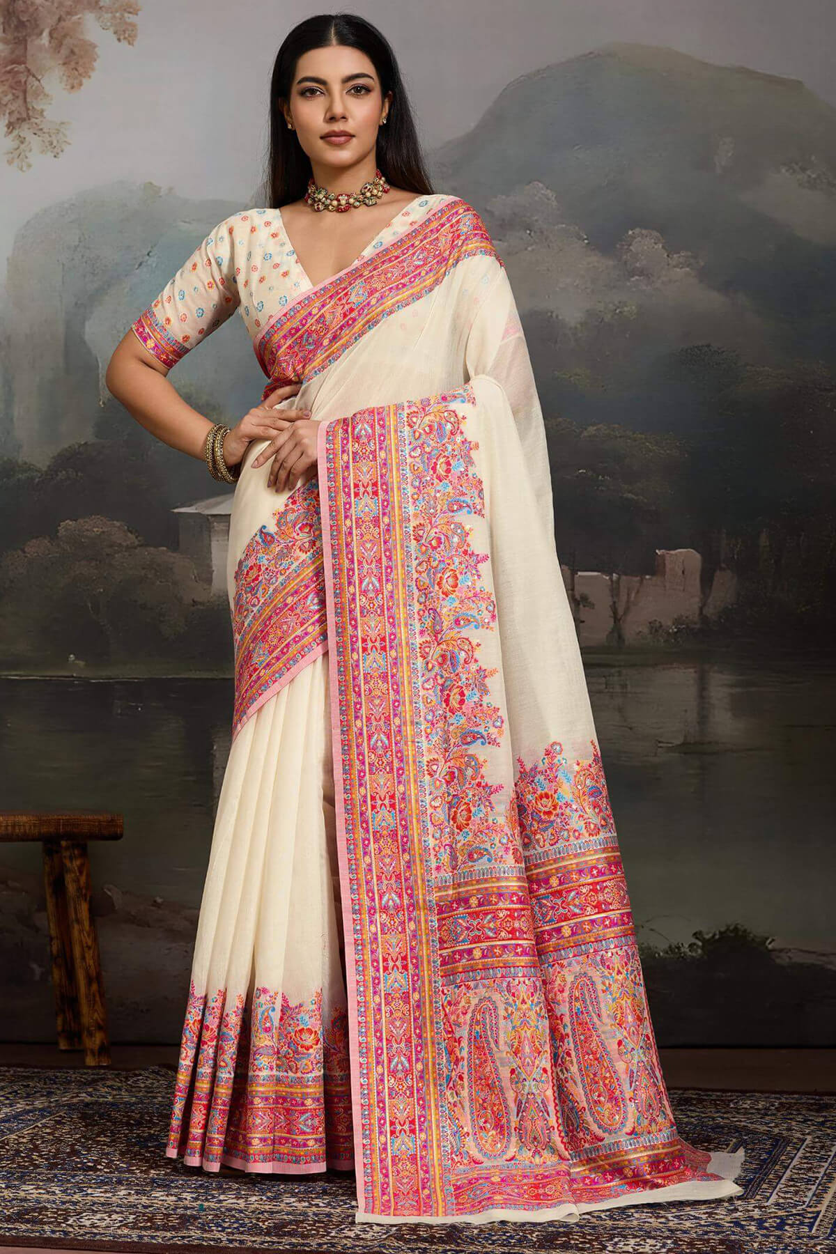 Serendipity Beige Pashmina saree With Luxuriant Blouse Piece