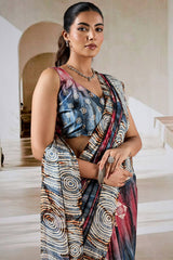 Attractive Grey Digital Printed Satin Silk Saree With Deserving Blouse Piece