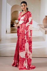 Attractive Red Digital Printed Satin Silk Saree With Nebula Blouse Piece