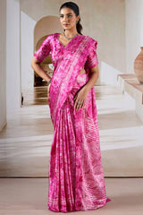 Attractive Dark Pink Digital Printed Satin Silk Saree With Arresting Blouse Piece
