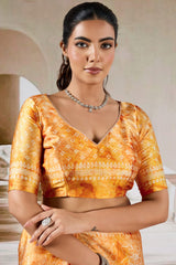 Attractive Yellow Digital Printed Satin Silk Saree With Divine Blouse Piece