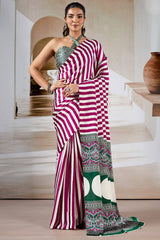 Nebula Wine Ajrakh Printed Satin Silk Saree With Quixotic Blouse Piece