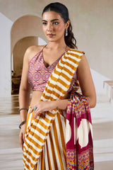 Bucolic Yellow Ajrakh Printed Satin Silk Saree With Desirable Blouse Piece