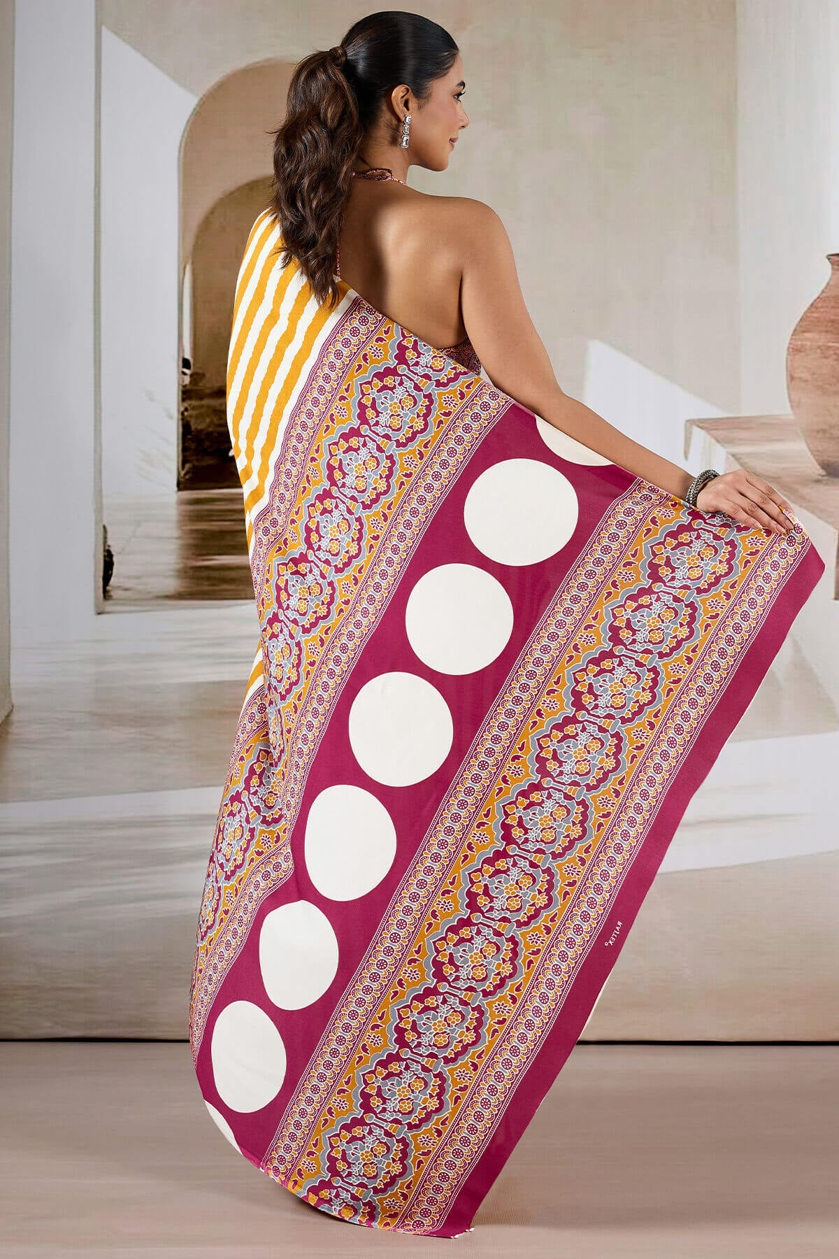 Bucolic Yellow Ajrakh Printed Satin Silk Saree With Desirable Blouse Piece