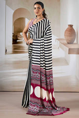 Splendiferous Black Ajrakh Printed Satin Silk Saree With Smashing Blouse Piece