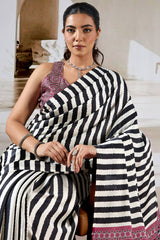 Splendiferous Black Ajrakh Printed Satin Silk Saree With Smashing Blouse Piece
