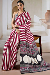 Enthralling Maroon Ajrakh Printed Satin Silk Saree With Divine Blouse Piece