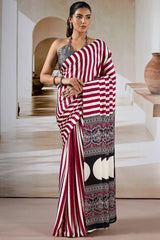 Enthralling Maroon Ajrakh Printed Satin Silk Saree With Divine Blouse Piece